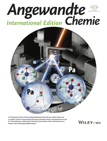 Dans l'article de recherche (e18403), Melody Maloubier, Rémi Maurice, Valérie Vallet et leurs collègues résolvent une divergence de longue date entre la théorie et l'expérience concernant la distance de liaison Pa-O, faisant ainsi progresser la chimie du pa et la science des actinides. Illustration de Luc Petizon ; rendu CAO de William Breton.