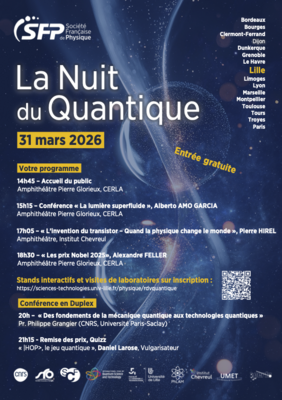 Affiche promotionnelle de La Nuit du Quantique 2026. Elle reprend l'heure, le lieu, le programme.